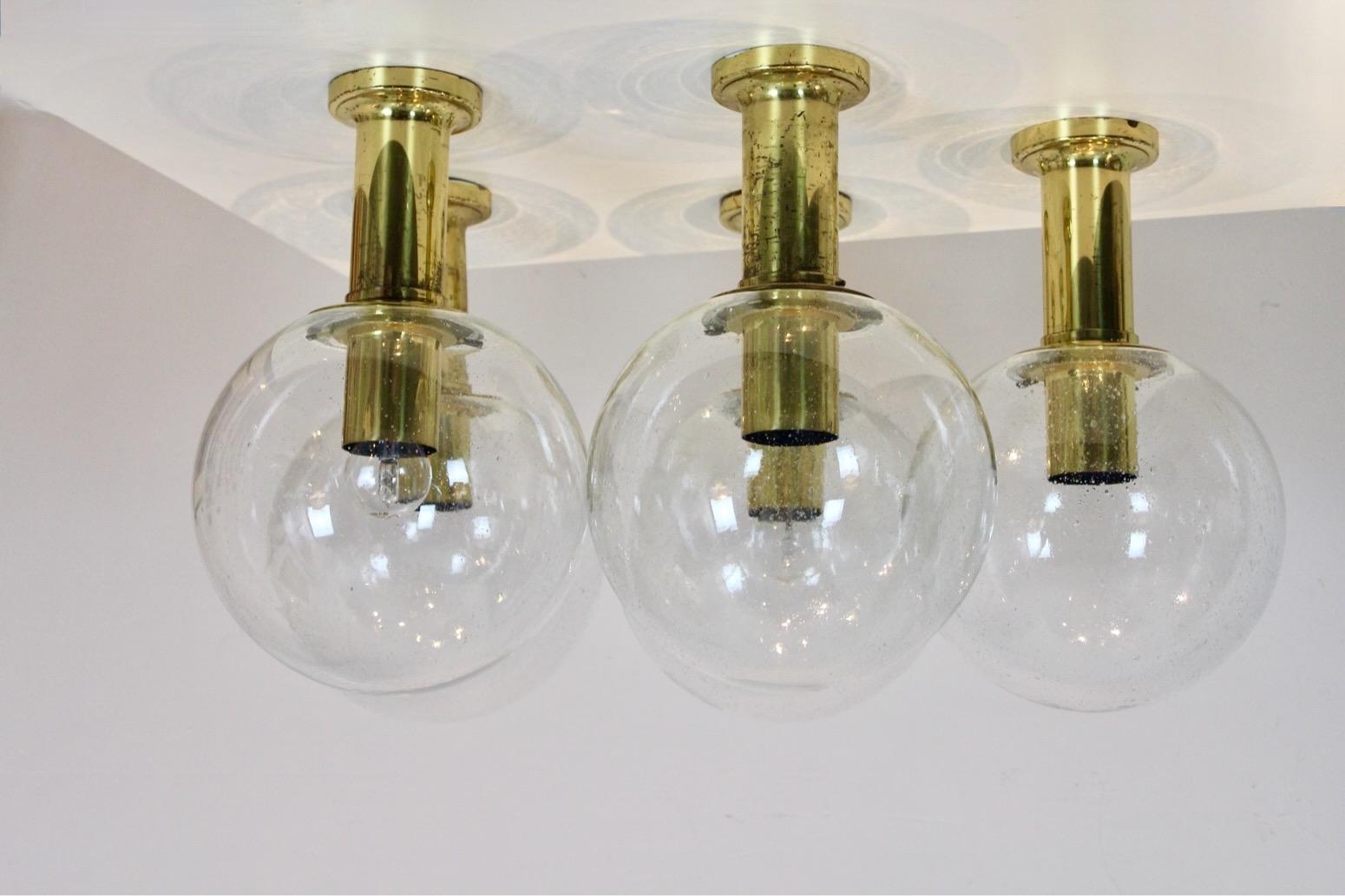 Large Glashütte Limburg Brass & Glass Globe Flush Mount, Stock of Six For Sale 5