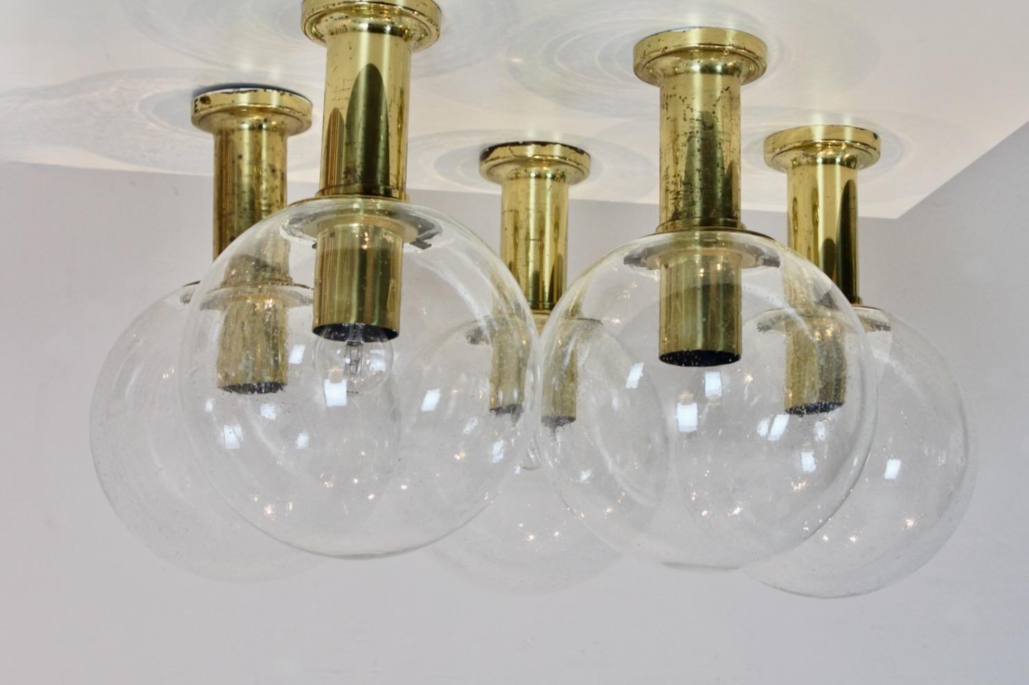 Mid-Century Modern Large Glashütte Limburg Brass & Glass Globe Flush Mount, Stock of Six For Sale