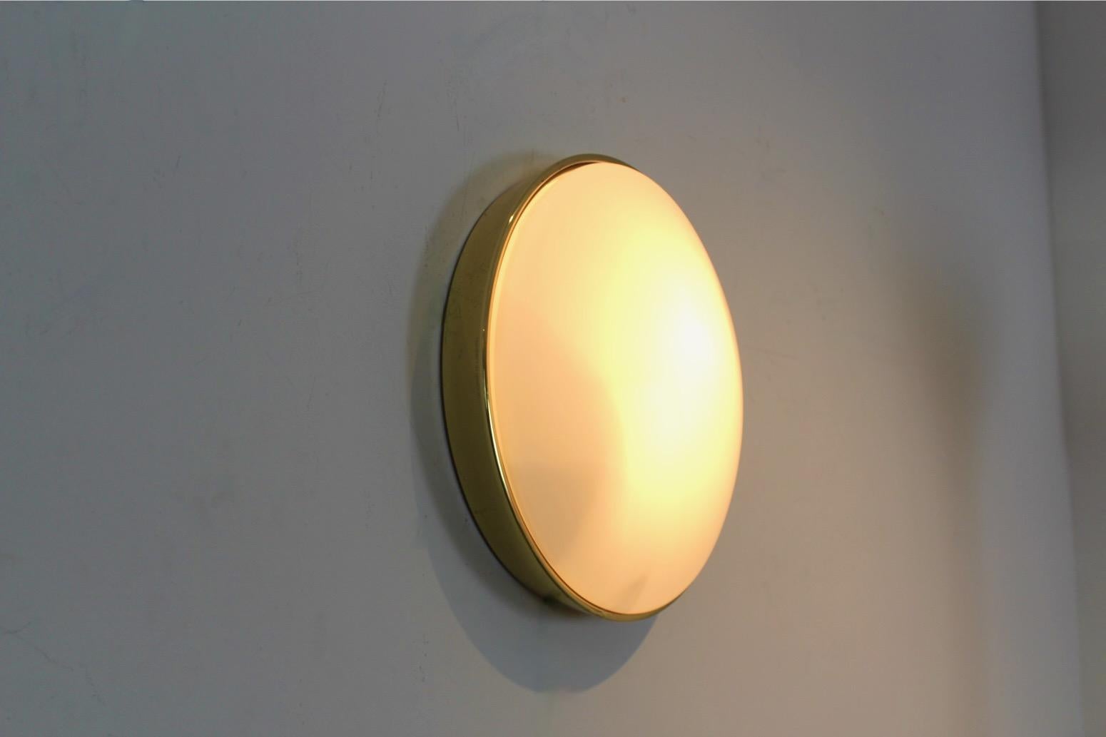 Large Glashütte Limburg Brass & Opaline Glass Wall Light, Stock of 9 For Sale 3