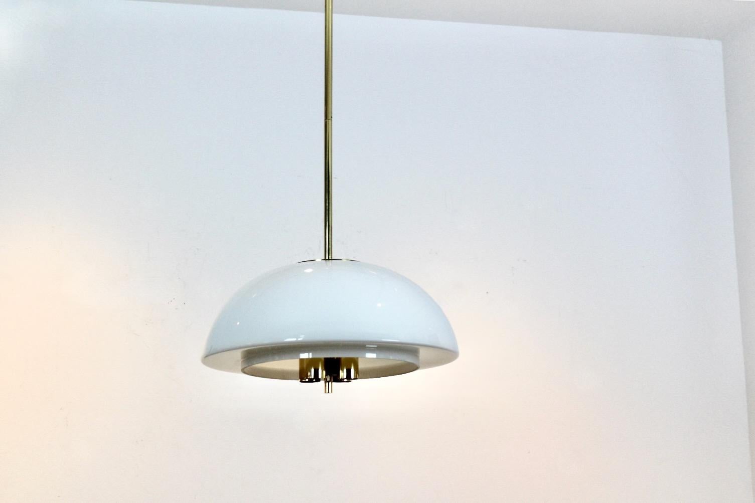 Mid-Century Modern Large Glashütte Limburg Mushroom Pendant Light in Opal Glass and Brass For Sale