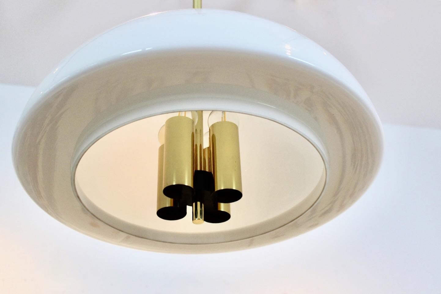 German Large Glashütte Limburg Mushroom Pendant Light in Opal Glass and Brass For Sale