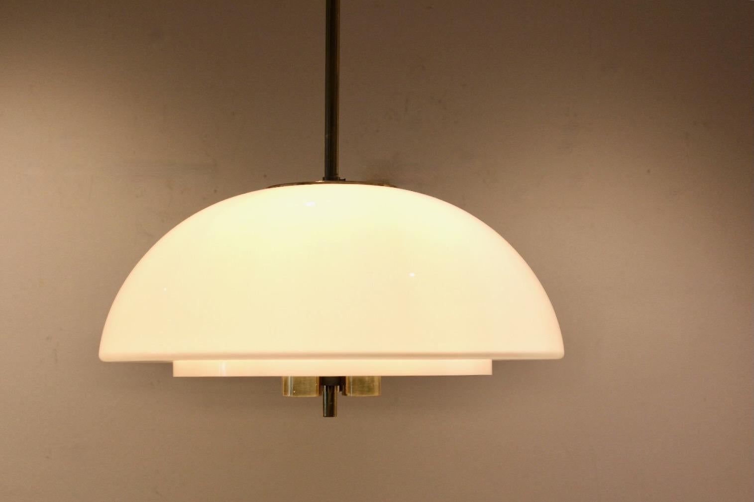Large Glashütte Limburg Mushroom Pendant Light in Opal Glass and Brass In Good Condition For Sale In Voorburg, NL