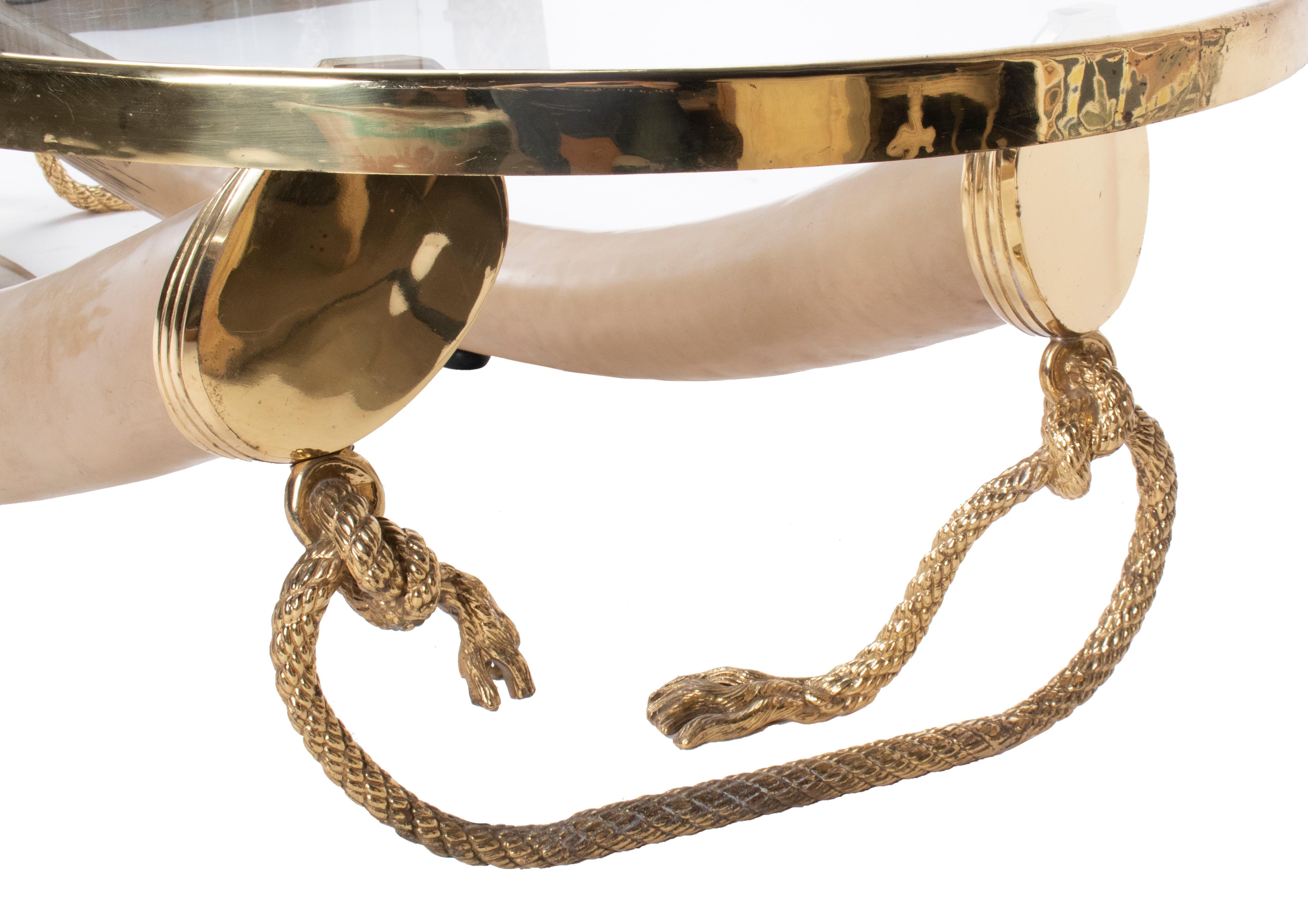 Large Glass and Brass Elephant Tusk Base Coffee Table by Valenti, 1970s In Good Condition In Marbella, ES