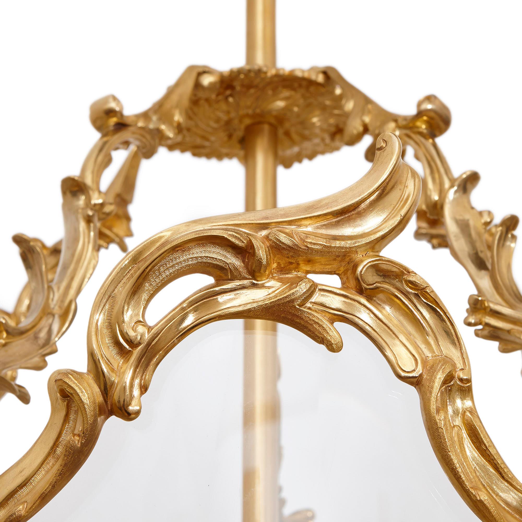 20th Century Large Glass and Gilt Bronze Hanging Hall Lantern For Sale