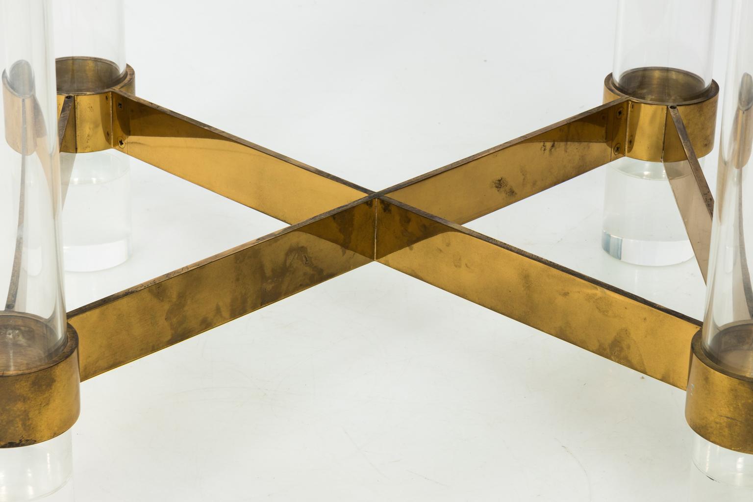 Large Glass and Lucite Dining Table with Brass Cross Stretcher  For Sale 5