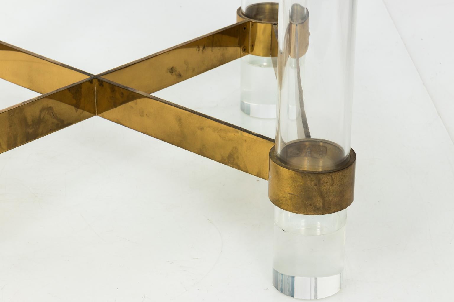 Large Glass and Lucite Dining Table with Brass Cross Stretcher  For Sale 6