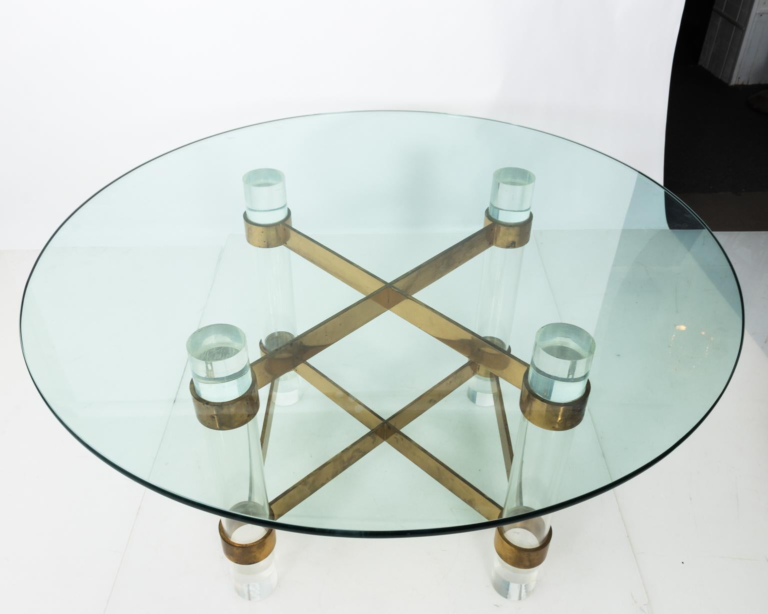 Large Glass and Lucite Dining Table with Brass Cross Stretcher  For Sale 7