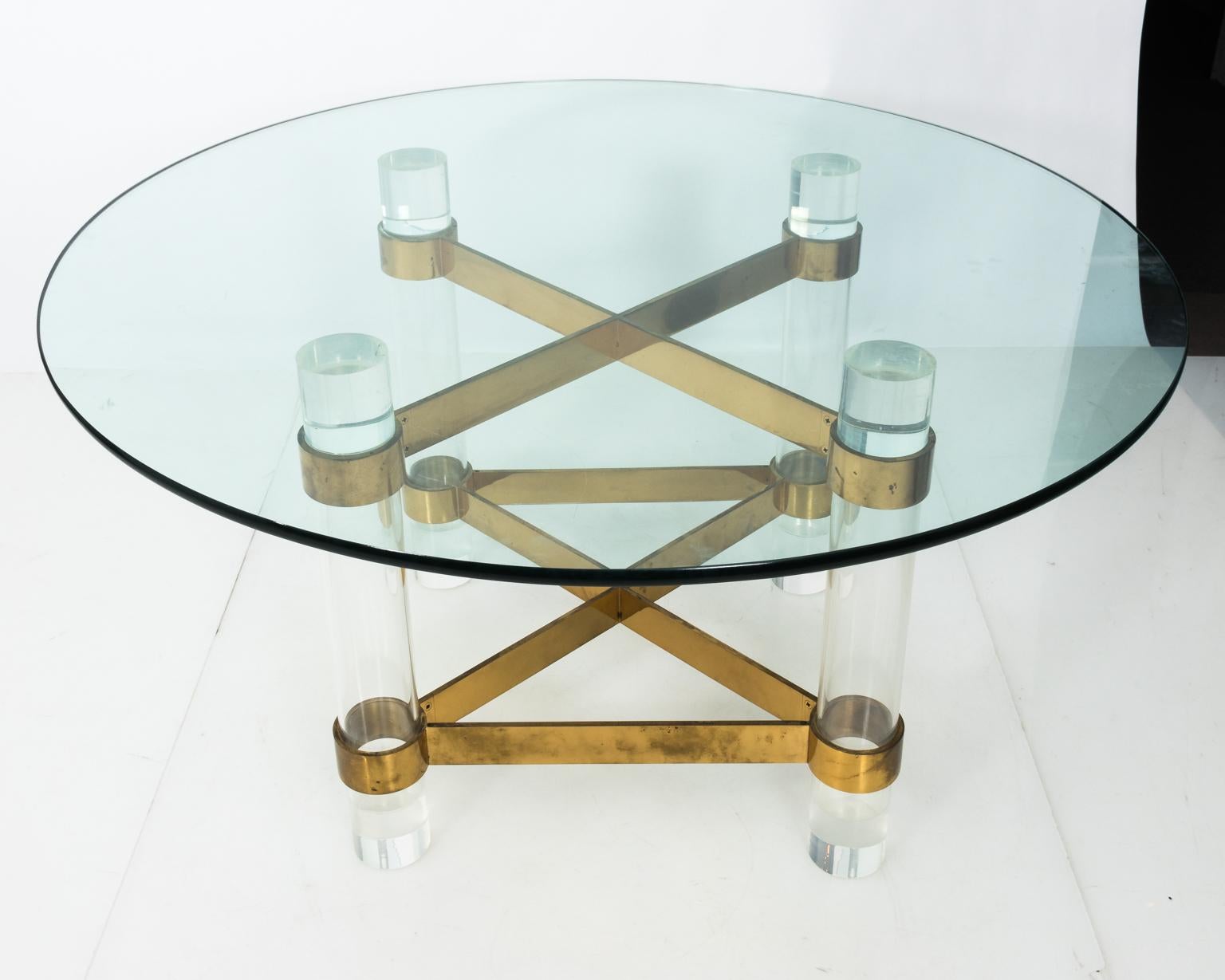 Large Glass and Lucite Dining Table with Brass Cross Stretcher  For Sale 1