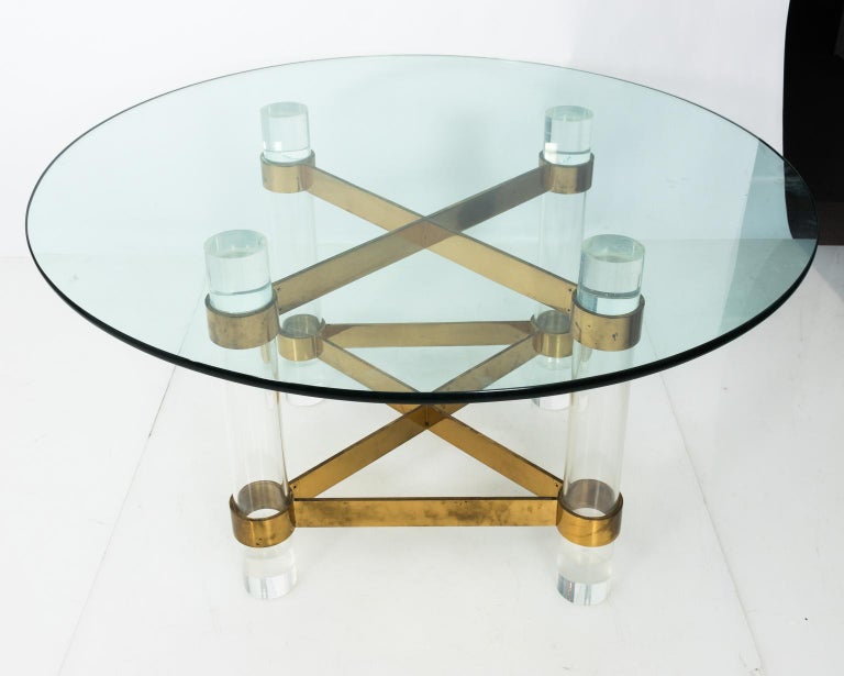 Large Glass and Lucite Dining Table with Brass Cross Stretcher For Sale