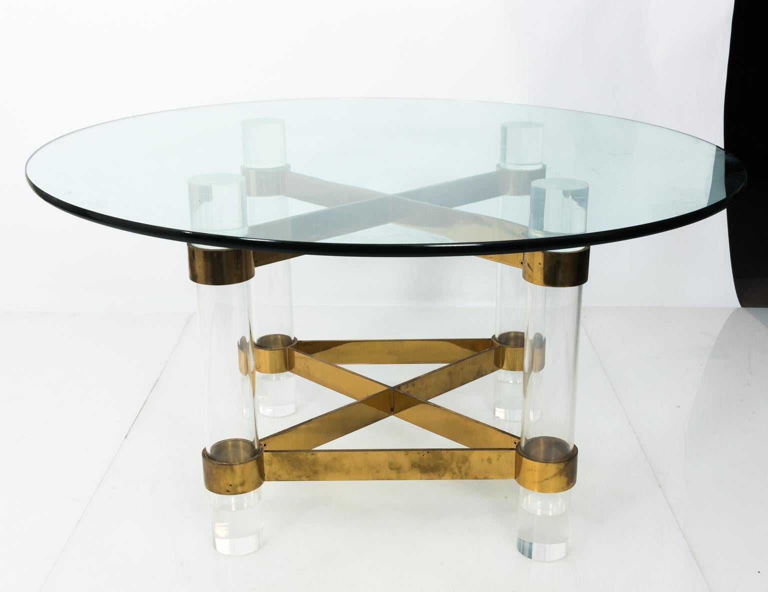 Large Glass and Lucite Dining Table with Brass Cross Stretcher  For Sale 2