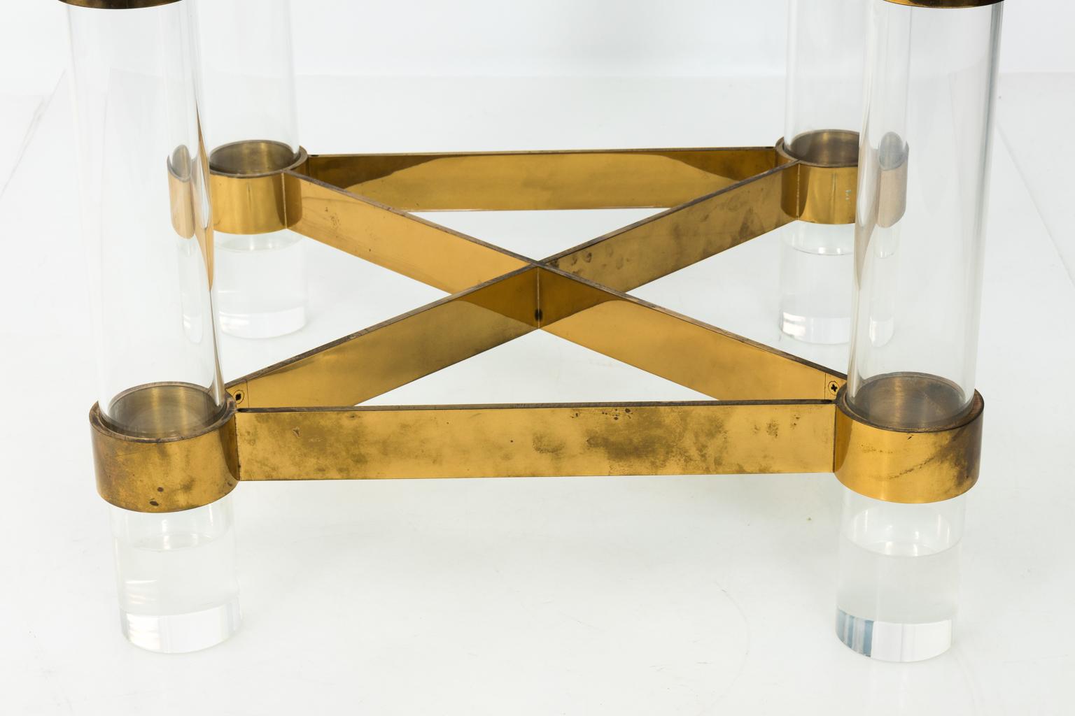 Large Glass and Lucite Dining Table with Brass Cross Stretcher  For Sale 3