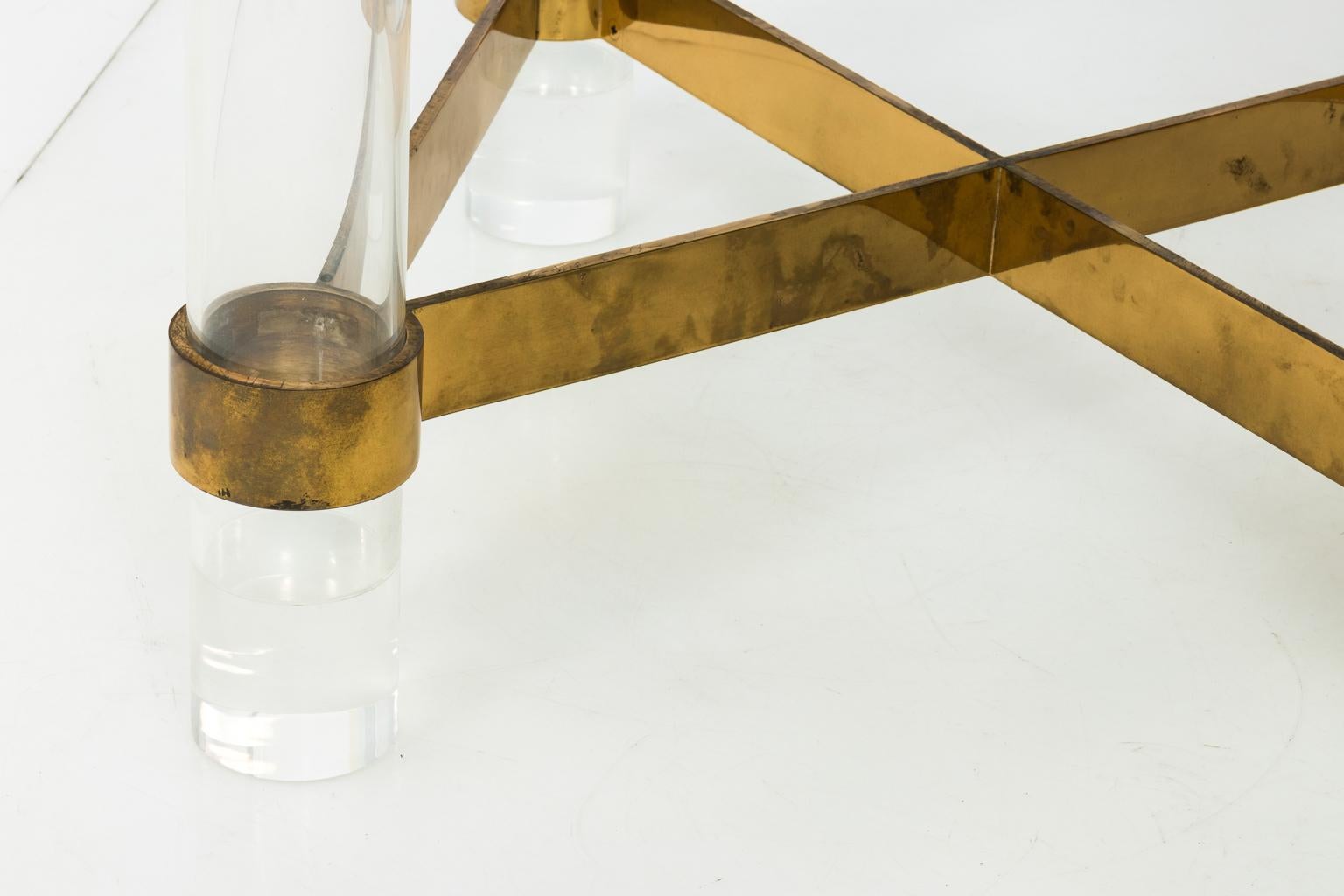 Large Glass and Lucite Dining Table with Brass Cross Stretcher  For Sale 4