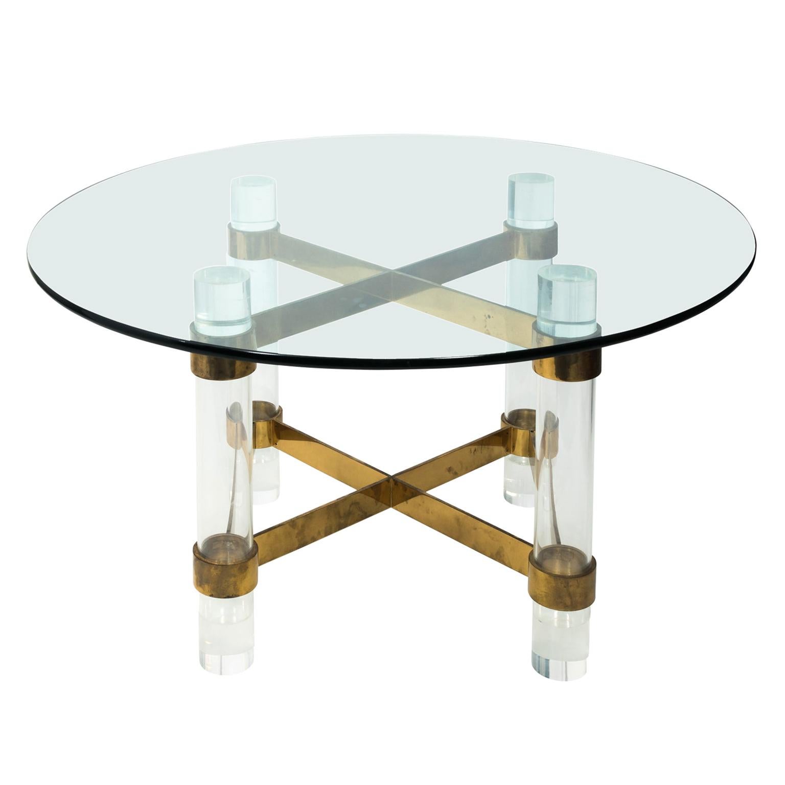 Large Glass and Lucite Dining Table with Brass Cross Stretcher  For Sale