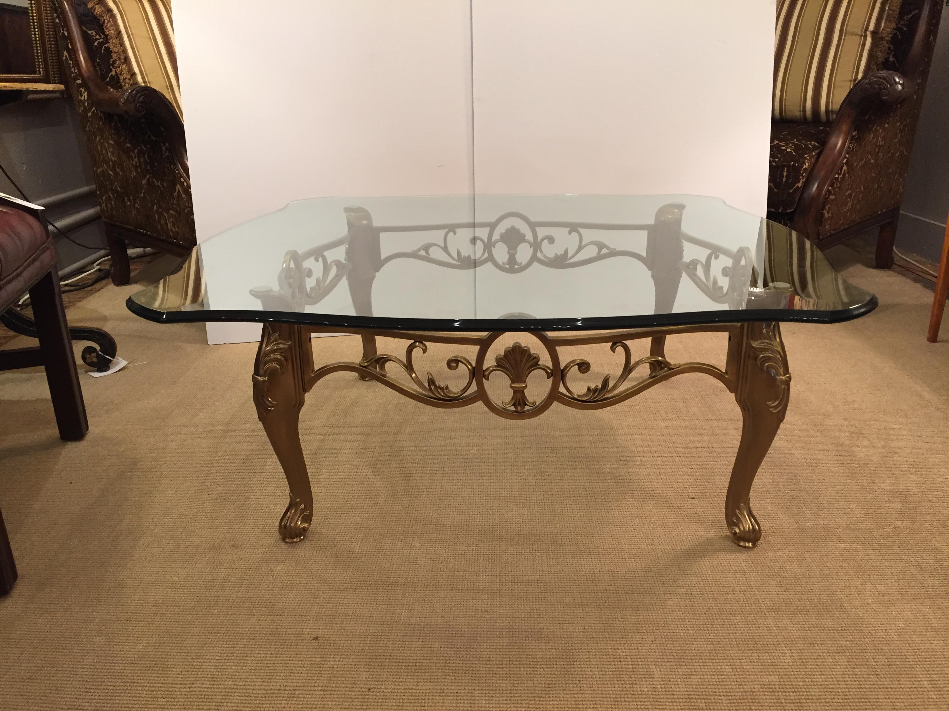 Large Glass and Satin Brass La Barge Coffee Table In Excellent Condition In Hopewell, NJ