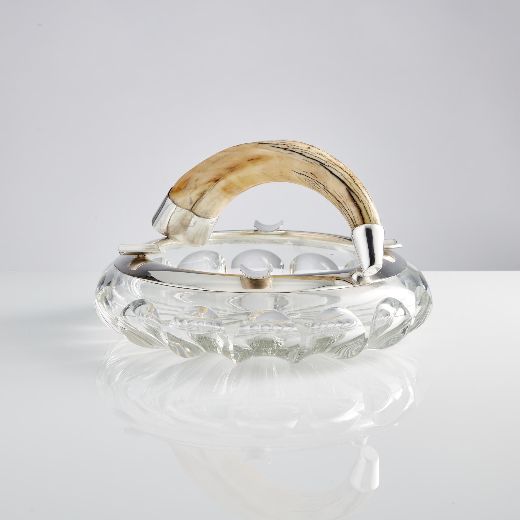 Large Glass and Silver Cigar Ashtray with Boars Tooth Handle, German, circa 1910 In Good Condition In London, GB
