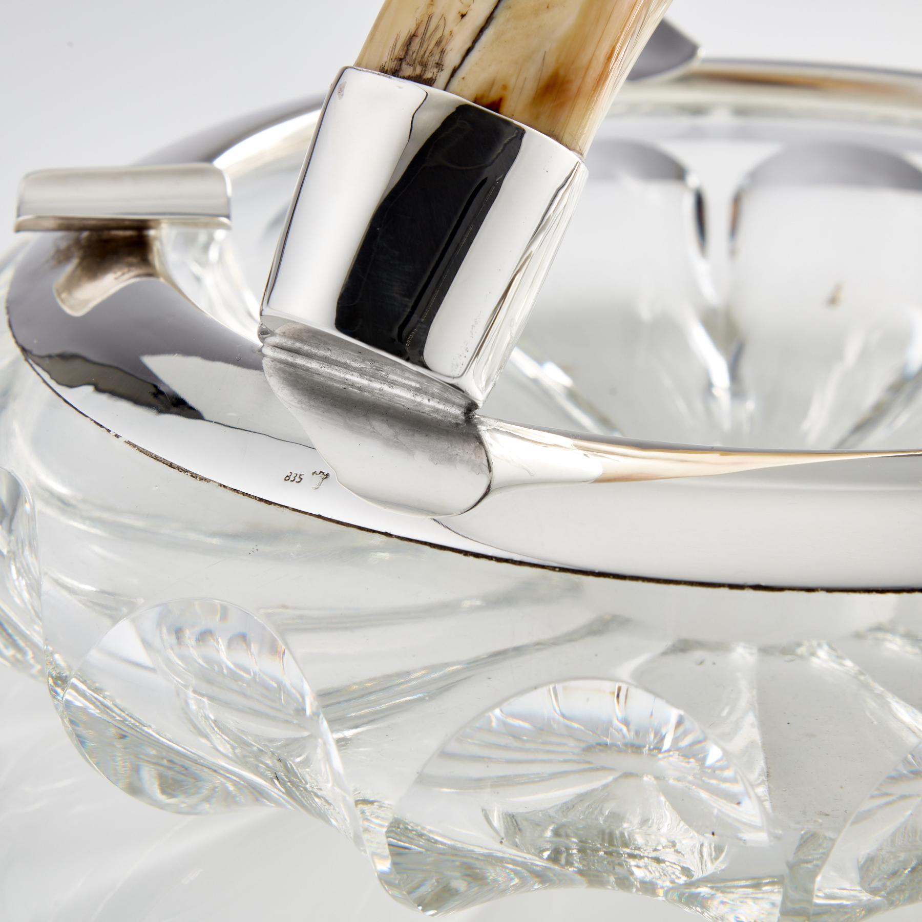 Early 20th Century Large Glass and Silver Cigar Ashtray with Boars Tooth Handle, German, circa 1910