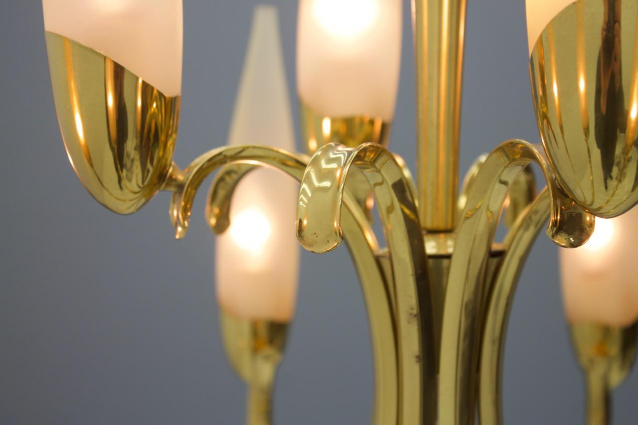 Mid-20th Century Large Glass and Brass Chandelier, 1950s For Sale