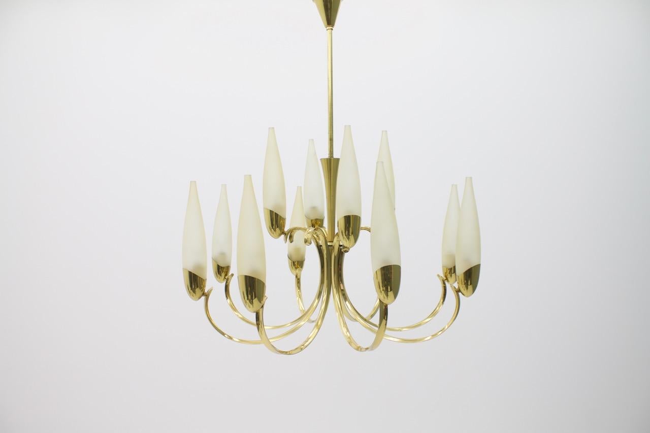 Large Glass and Brass Chandelier, 1950s For Sale 3