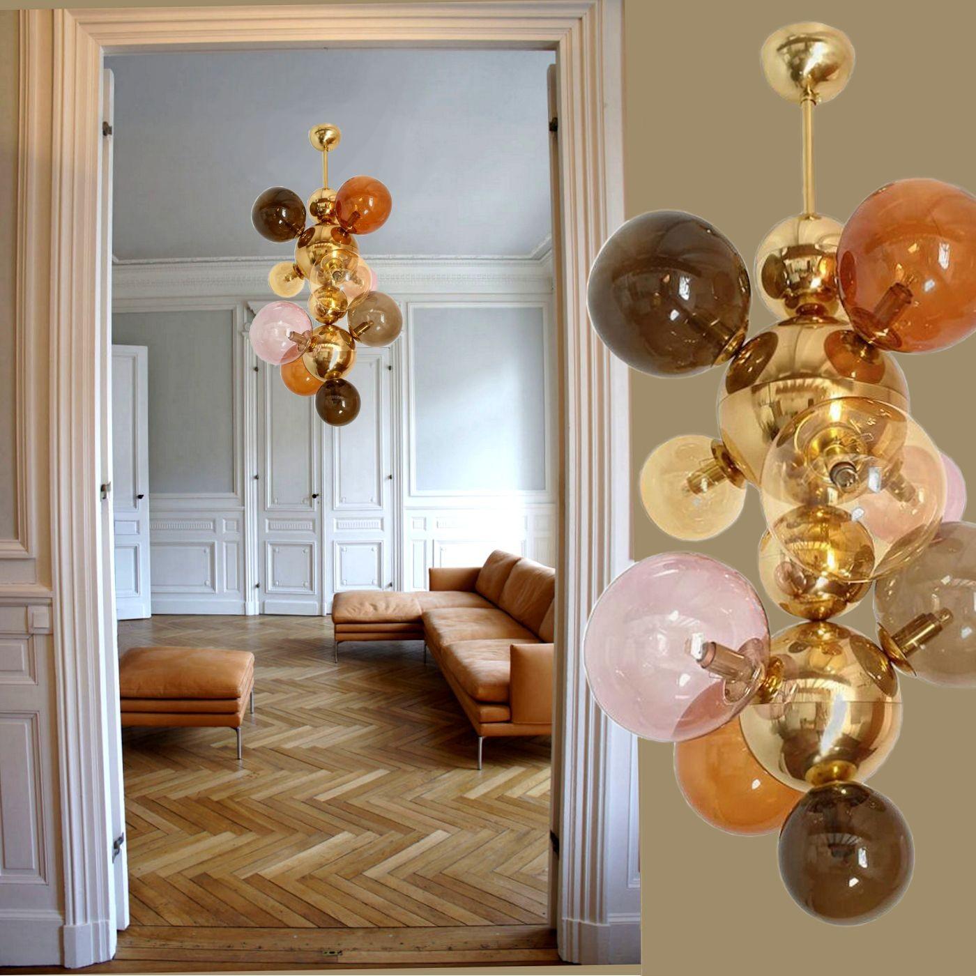 Mid-Century Modern Large glass & brass chandelier, Italy