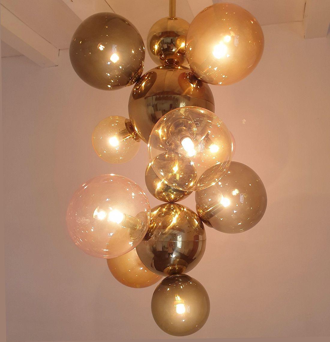 Brass Large glass & brass chandelier, Italy