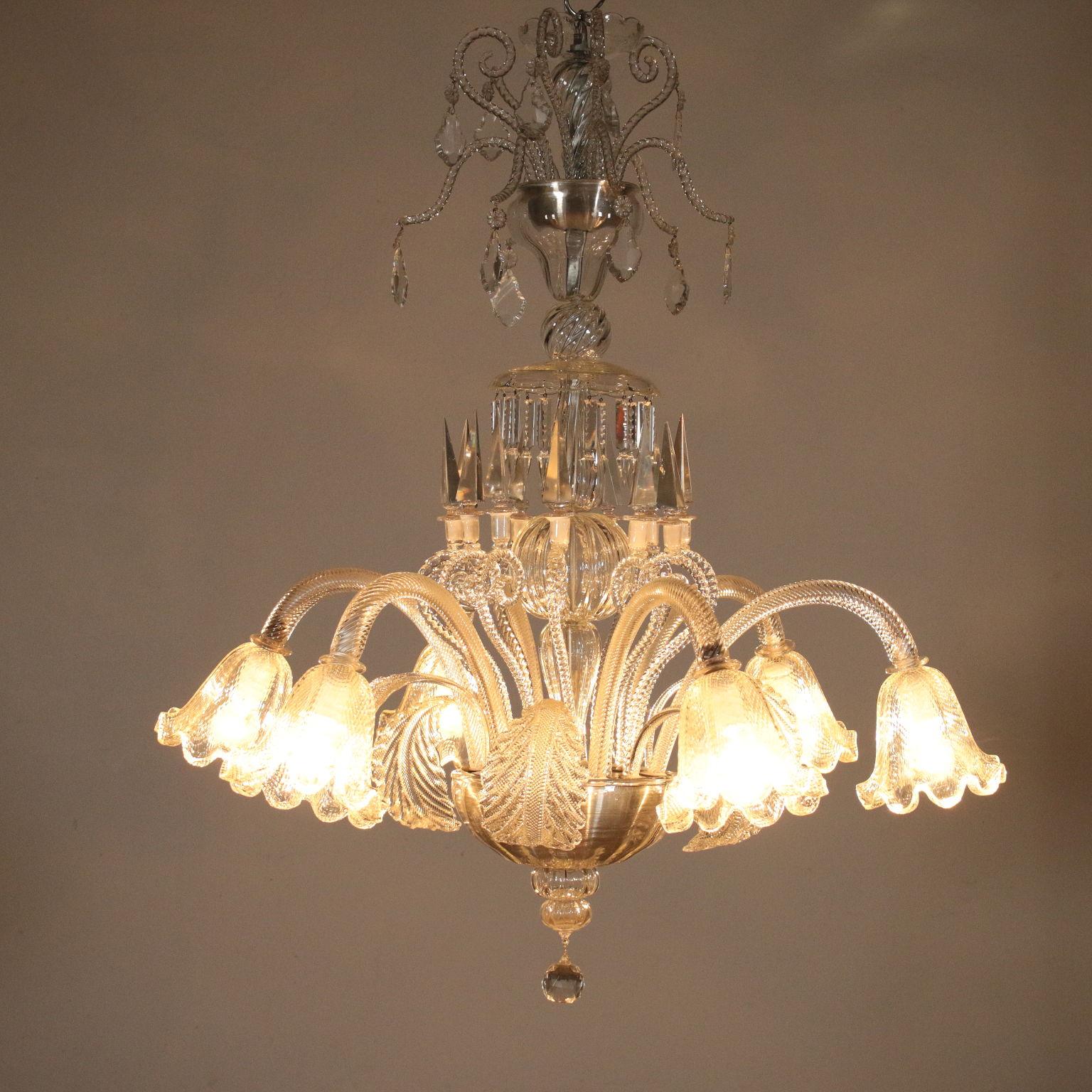 Mid-Century Modern Large Glass Chandelier Murano, Italy, First Half of the 1900s