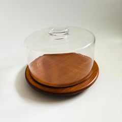 Large Glass Cloche and Salad Bowl on Teak Base