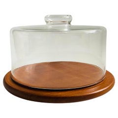 Large Glass Cloche and Salad Bowl on Teak Base