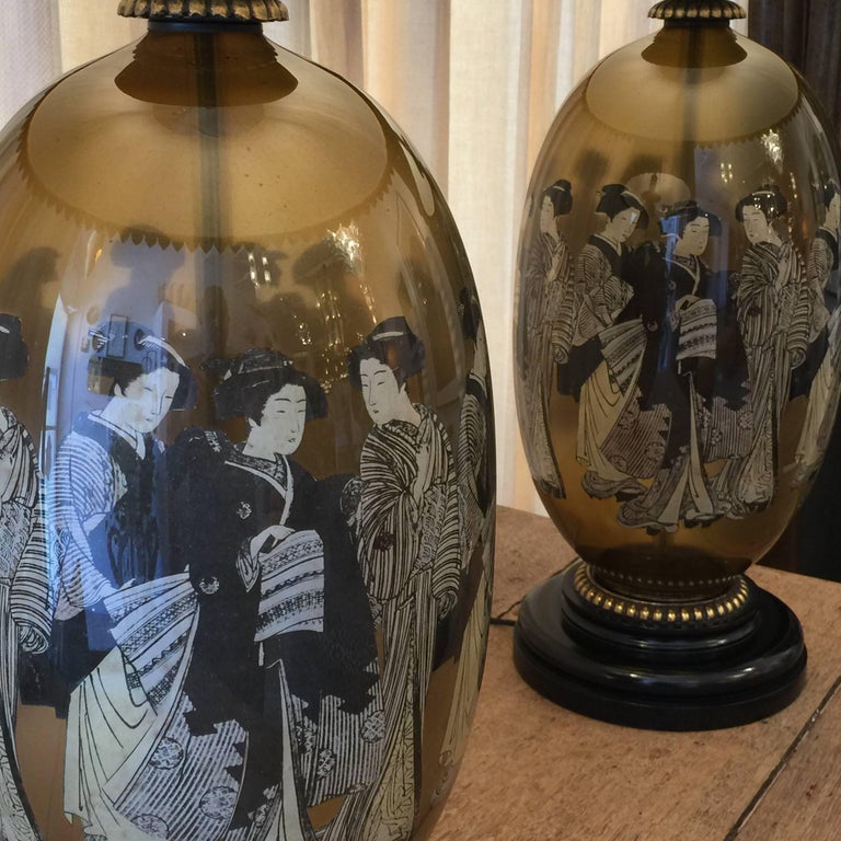 Large Glass Decoupage Lamps with Geisha Motif Pair For Large Glass Decoupage Lamps with Geisha Motif Pair For