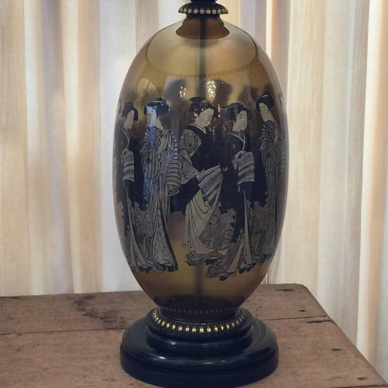 Large Glass Decoupage Lamps with Geisha  Motif  Pair For 