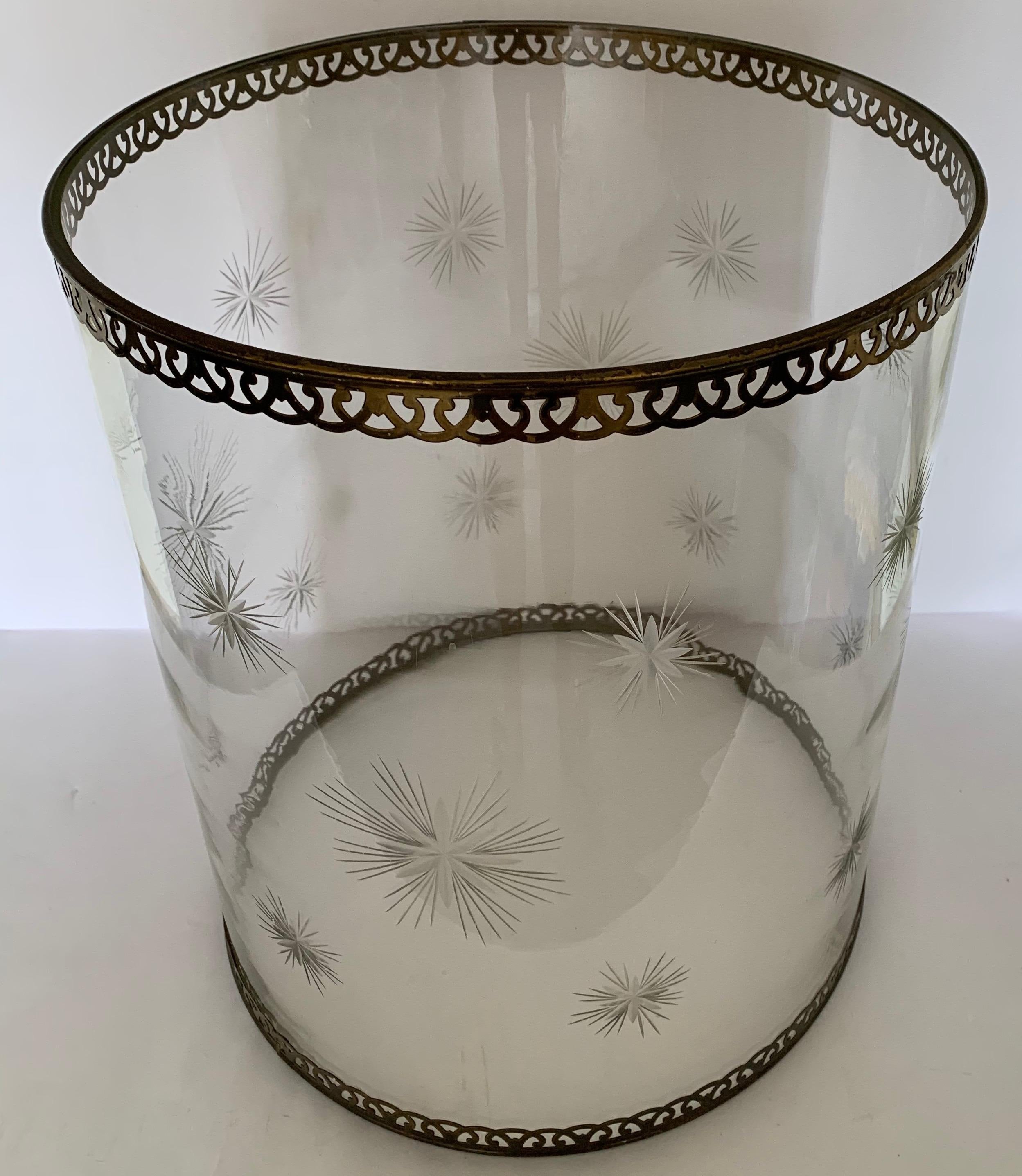 Large etched glass star motif hurricane. Clear glass with etched star motif. Removable pierced brass trim. No makers mark.
