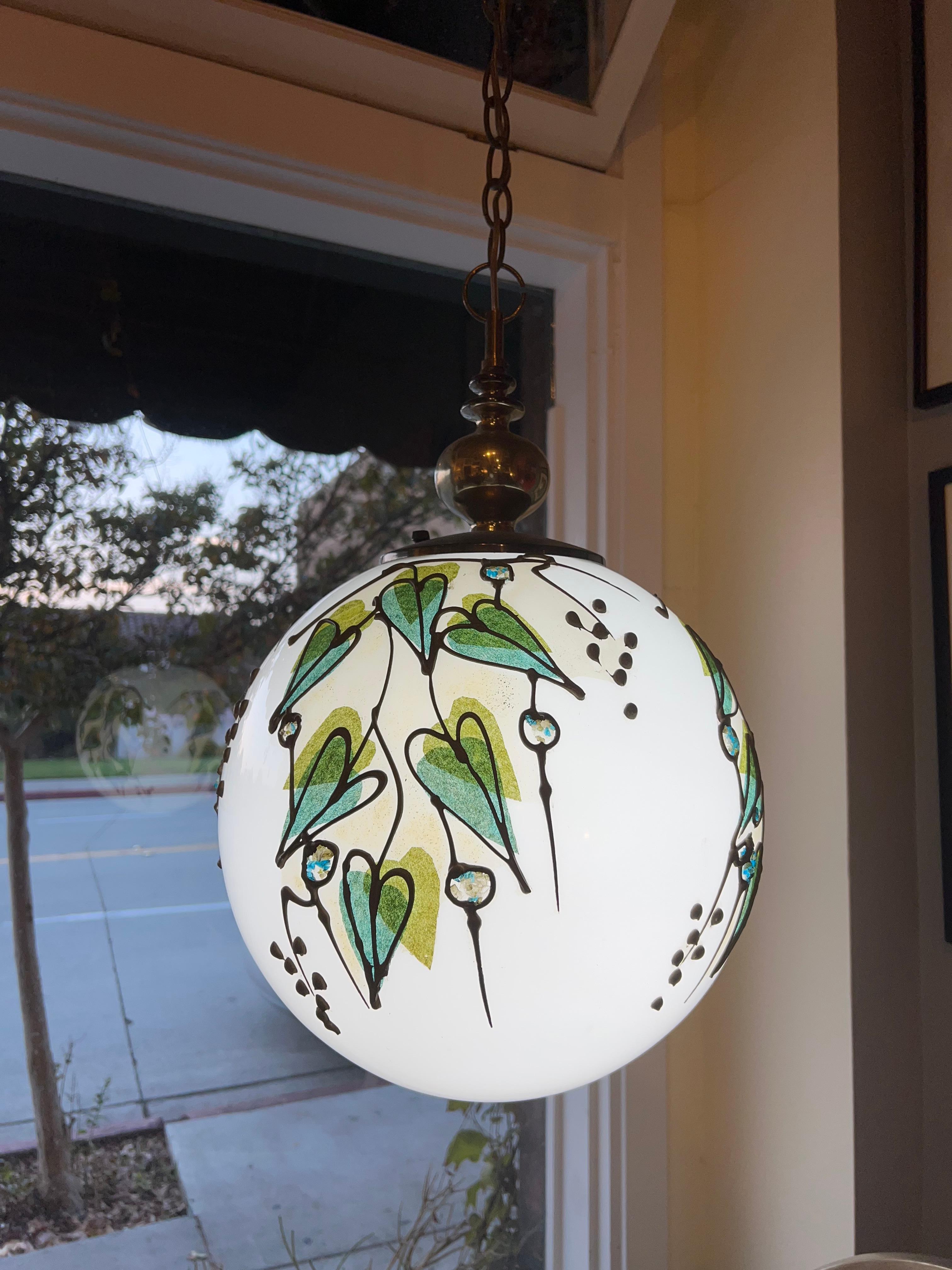 Mid-Century Modern Large Glass Globe and Brass Pendant Light