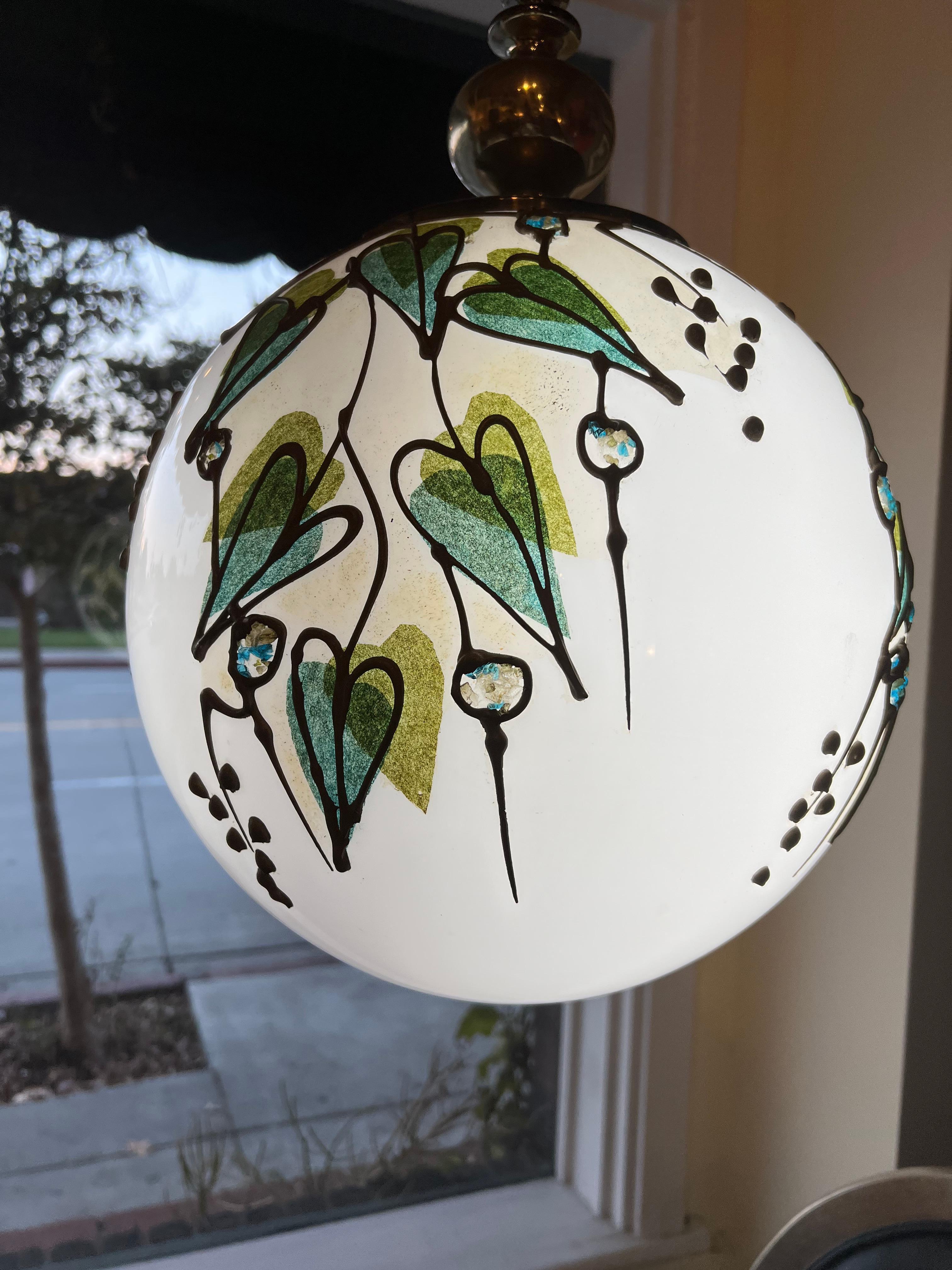 Large Glass Globe and Brass Pendant Light In Good Condition In Pasadena, CA