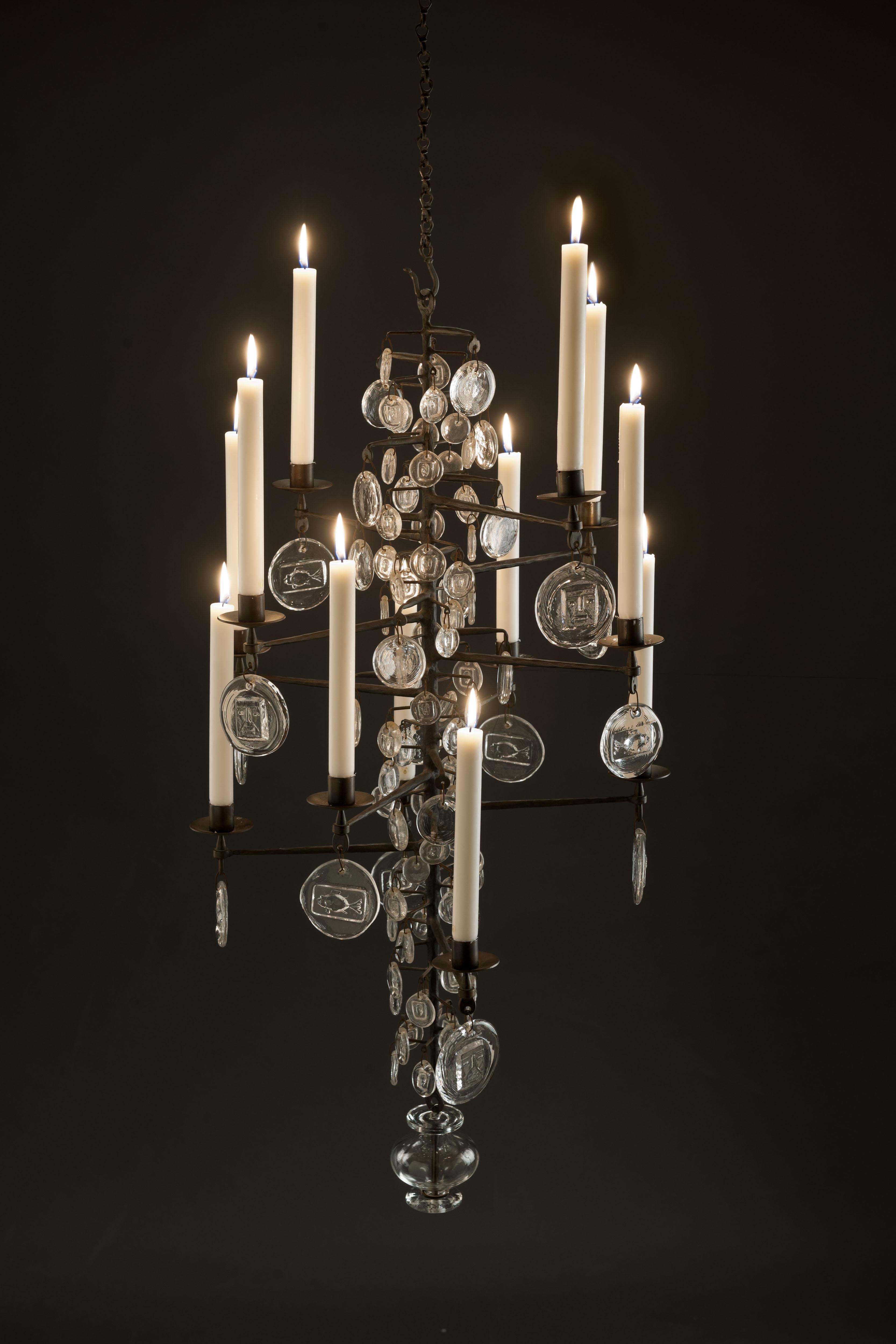 Swedish Large Glass & Iron Chandelier by Erik Hoglund