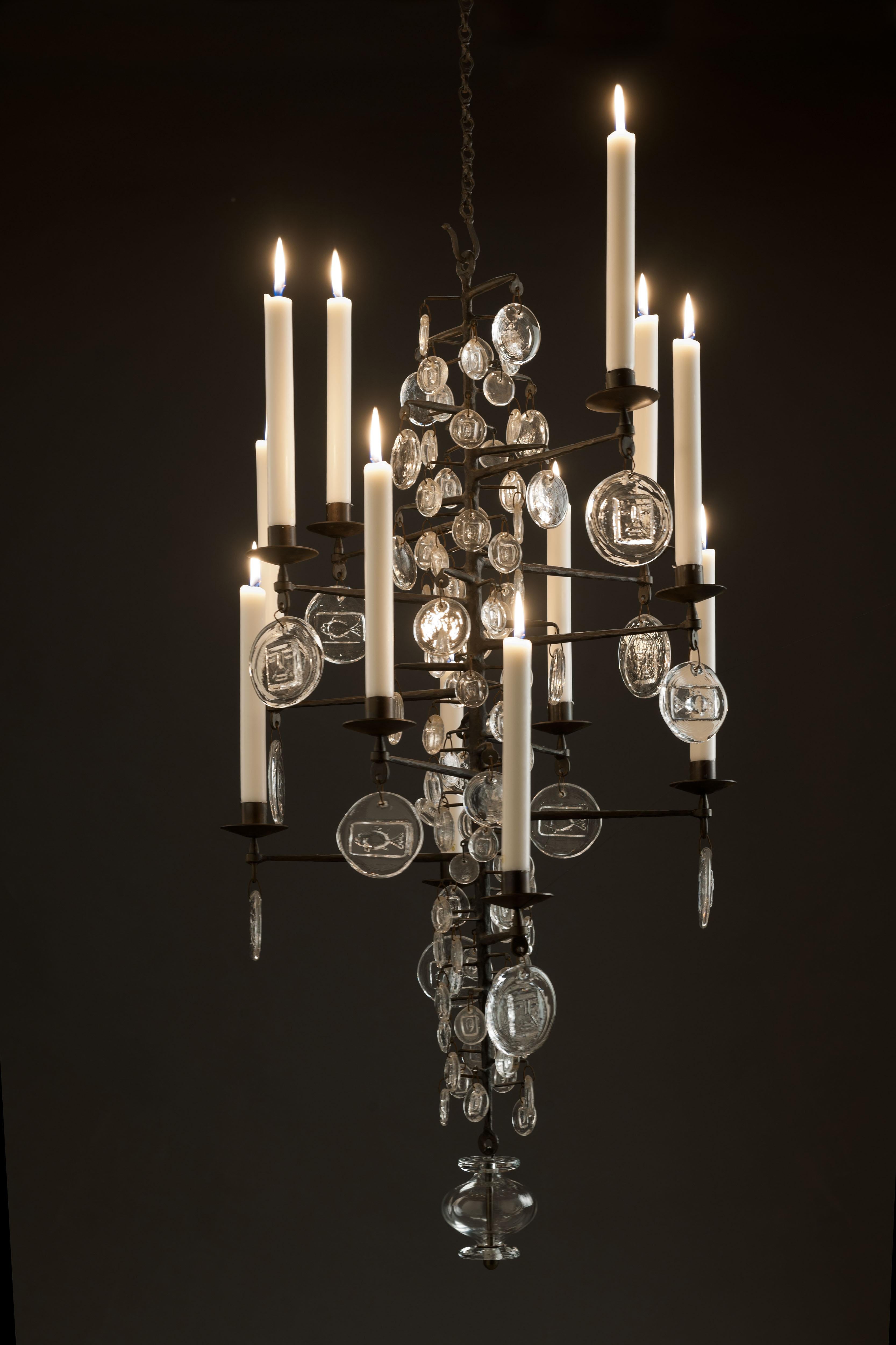 Mid-20th Century Large Glass & Iron Chandelier by Erik Hoglund For Sale
