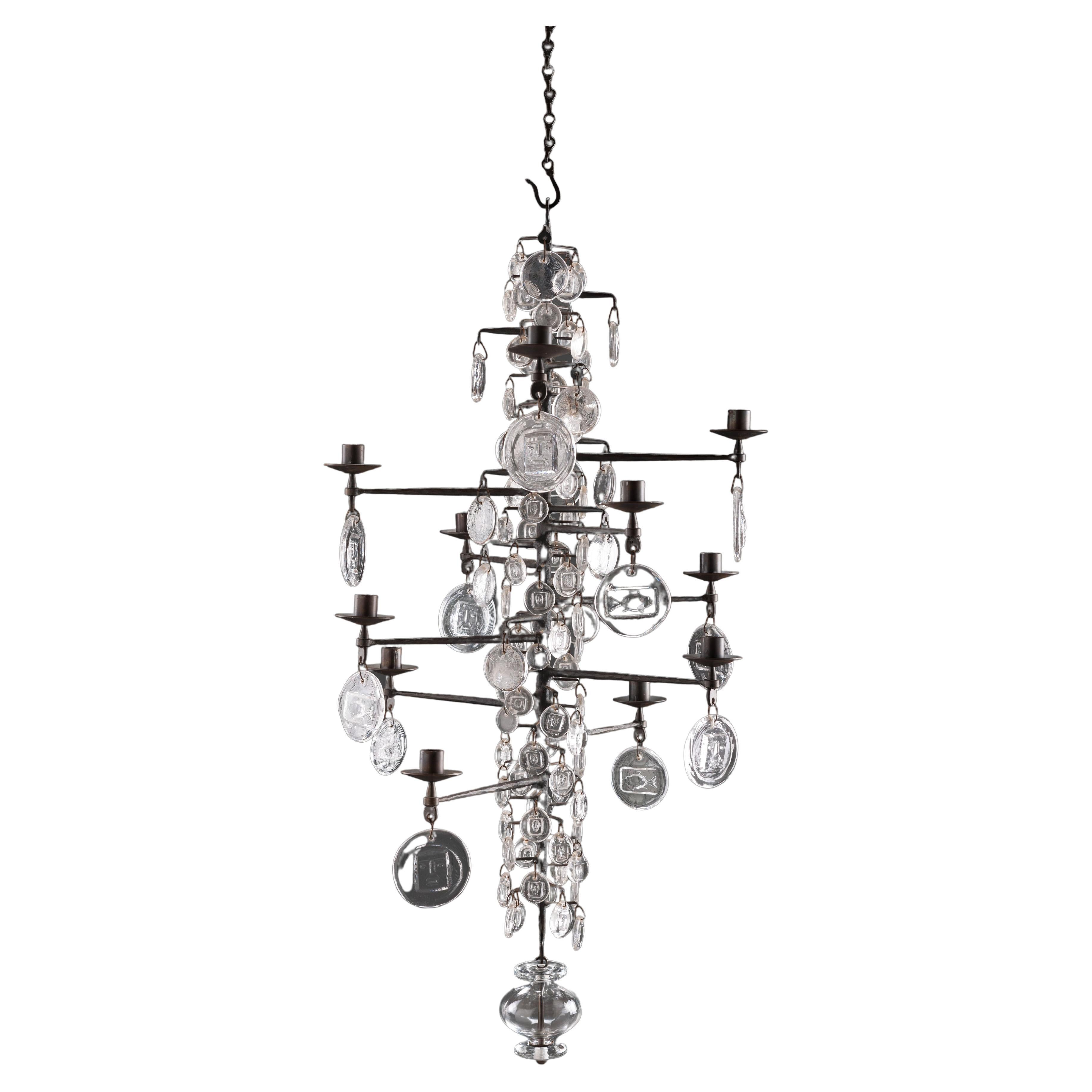 Large Glass & Iron Chandelier by Erik Hoglund