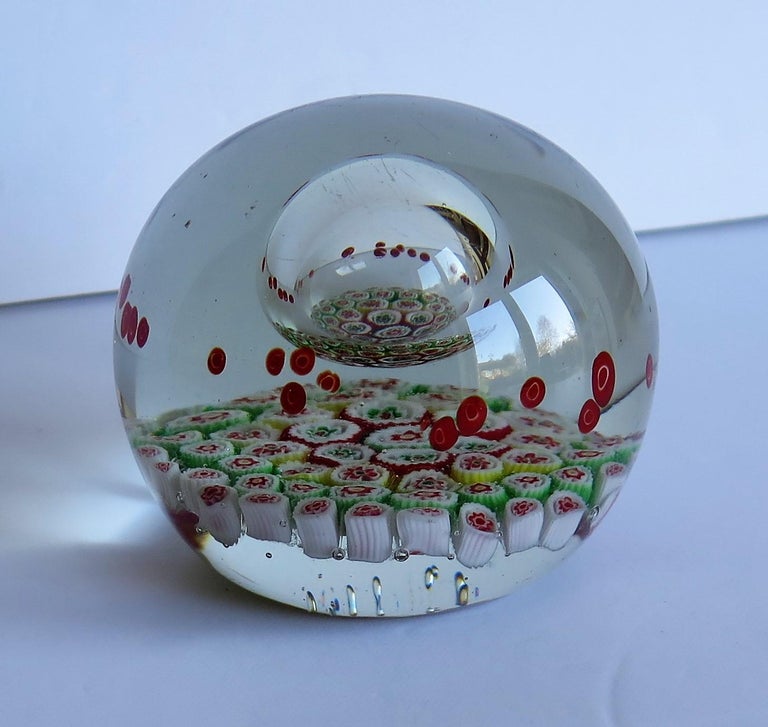 Large Glass Millefiori Paperweight with Suspended Domed Bubble, circa