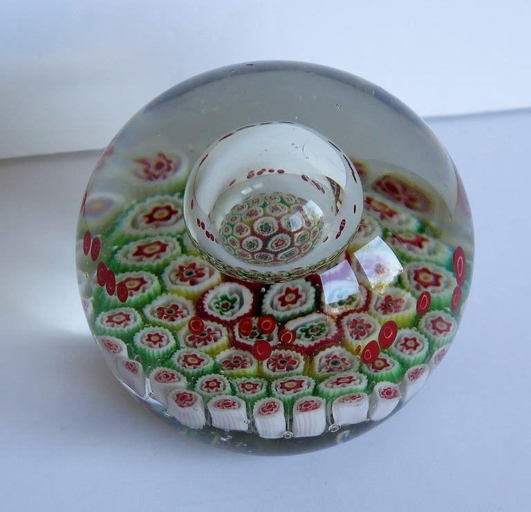 Large Glass Millefiori Paperweight with Suspended Domed Bubble, circa
