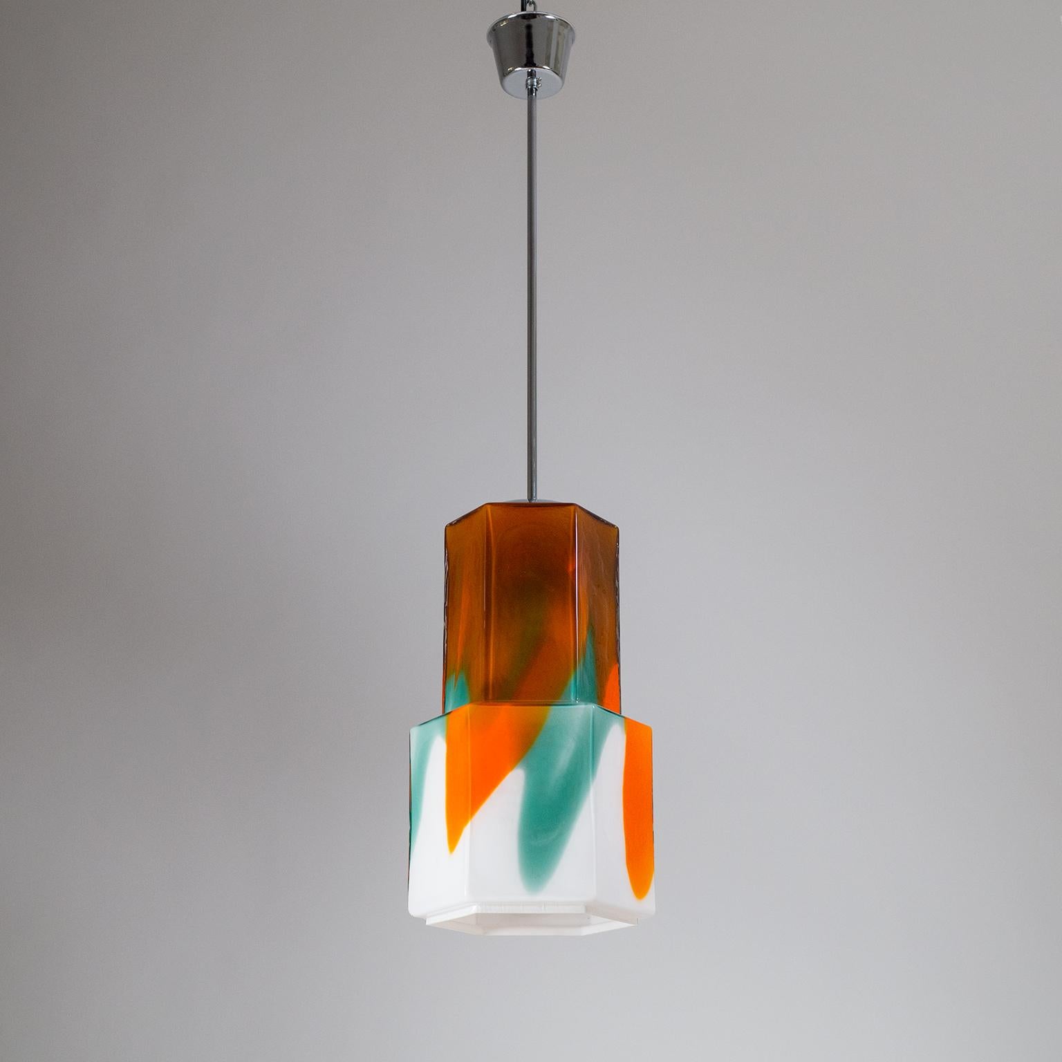 Large Glass Pendant by Helena Tynell, 1960s, Orange, Green and White 2