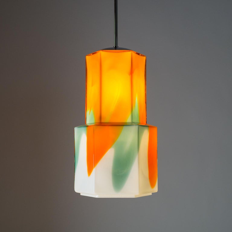 Large Glass Pendant by Helena Tynell, 1960s, Orange, Green and White For Sale 3