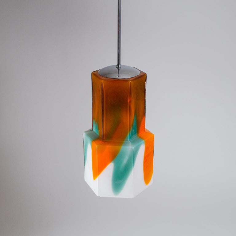 Large Glass Pendant by Helena Tynell, 1960s, Orange, Green and White For Sale 1