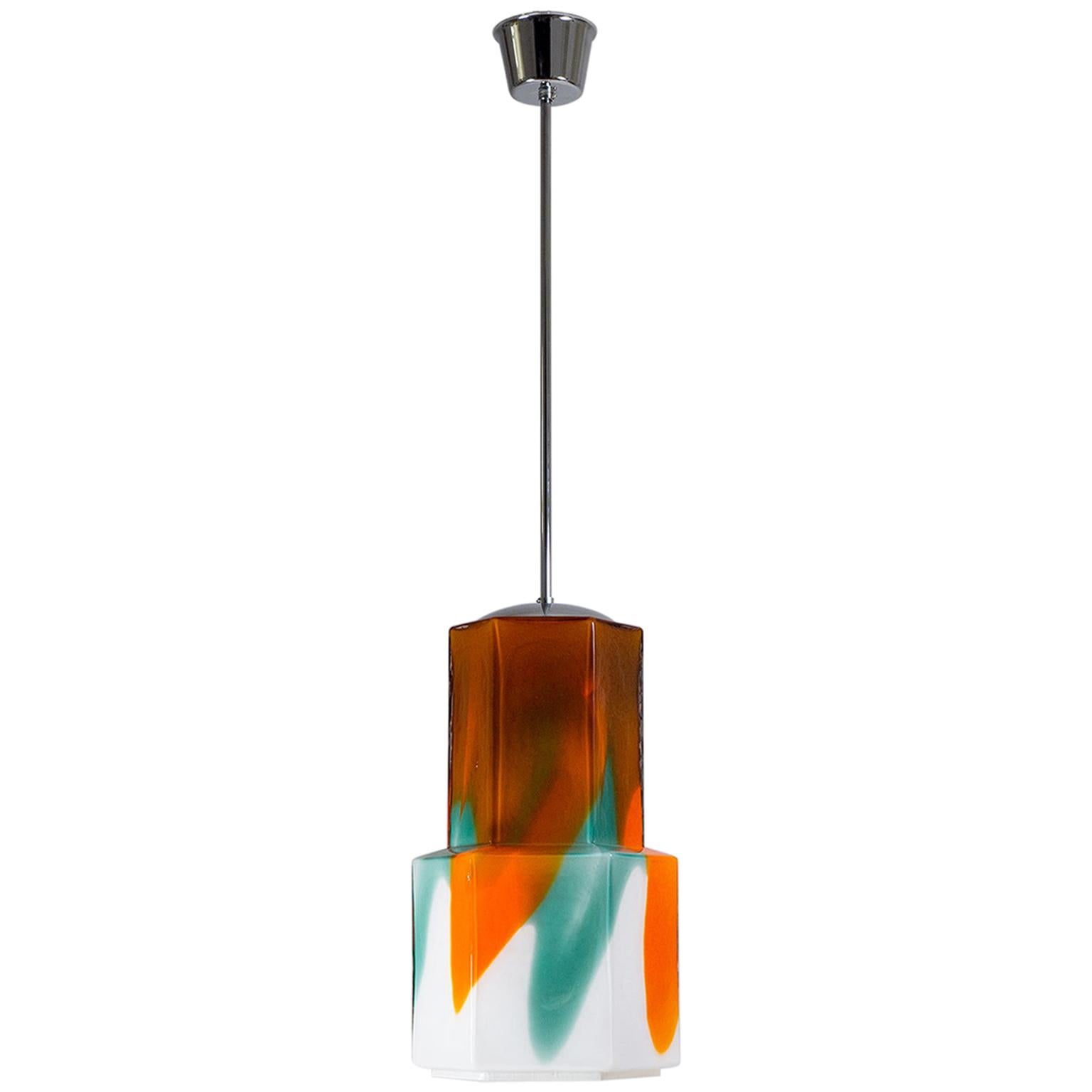 Large Glass Pendant by Helena Tynell, 1960s, Orange, Green and White