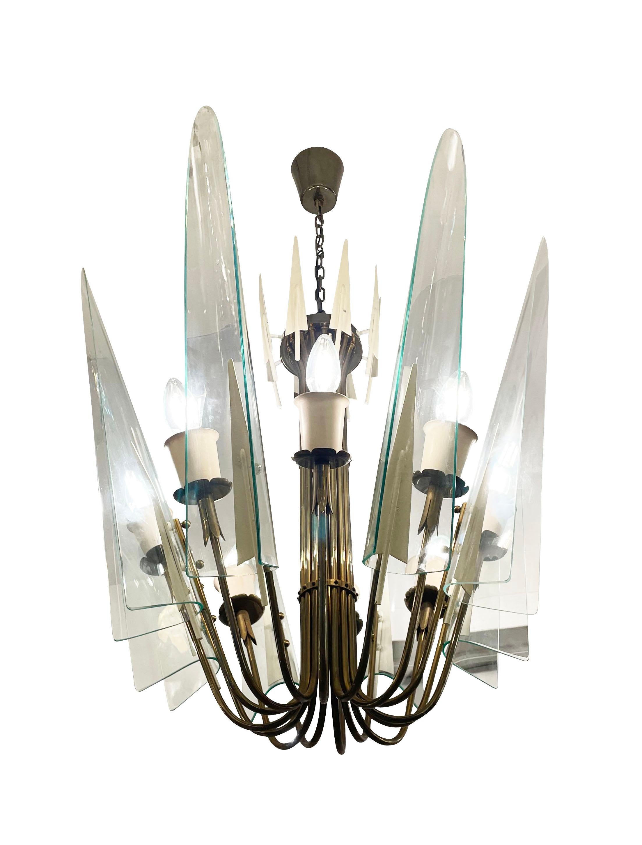 Mid-Century Modern Large Glass Petal Chandelier Attributed to Fontana Arte