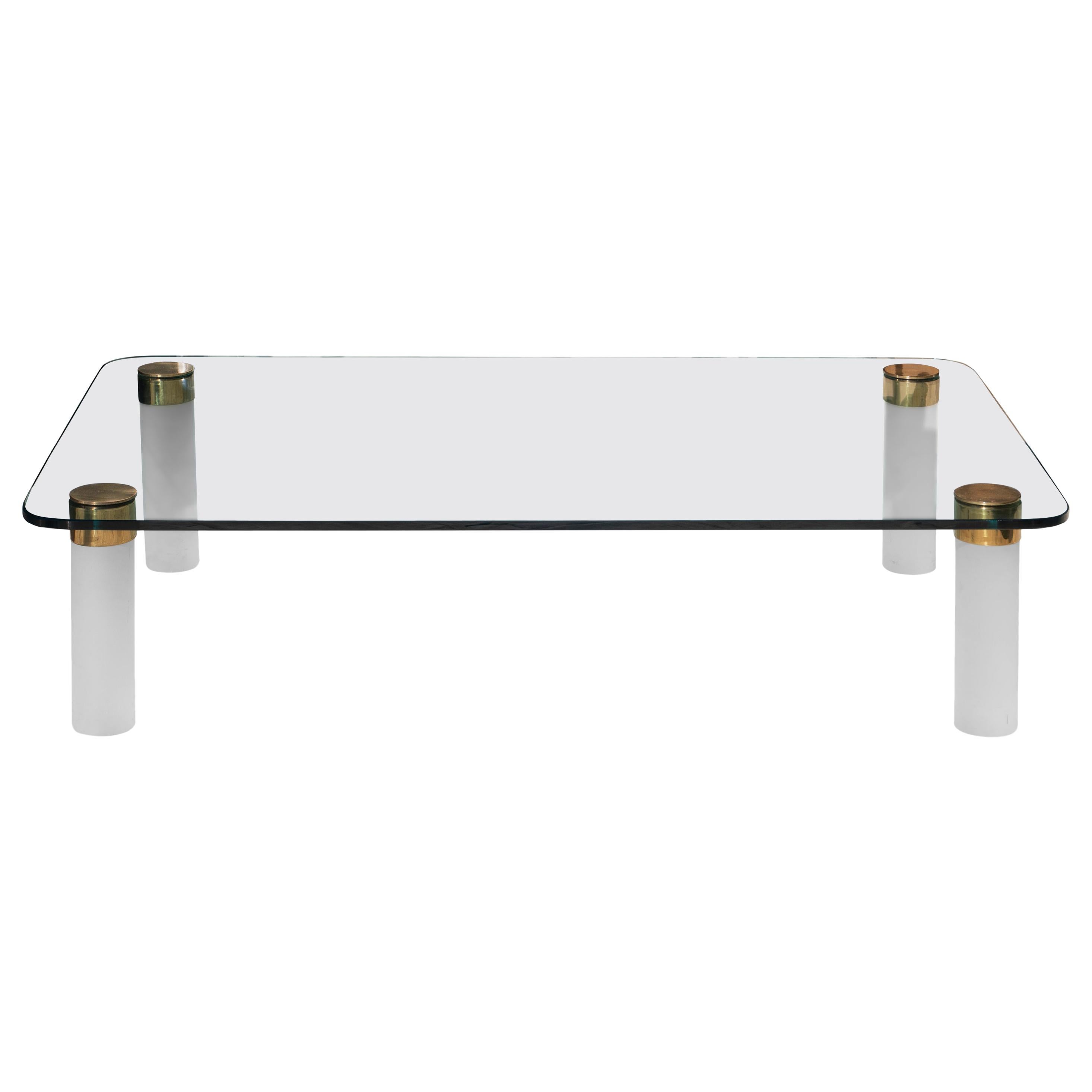 Large Glass, Polished Brass and Frosted Lucite Cocktail Table by Pace Collection