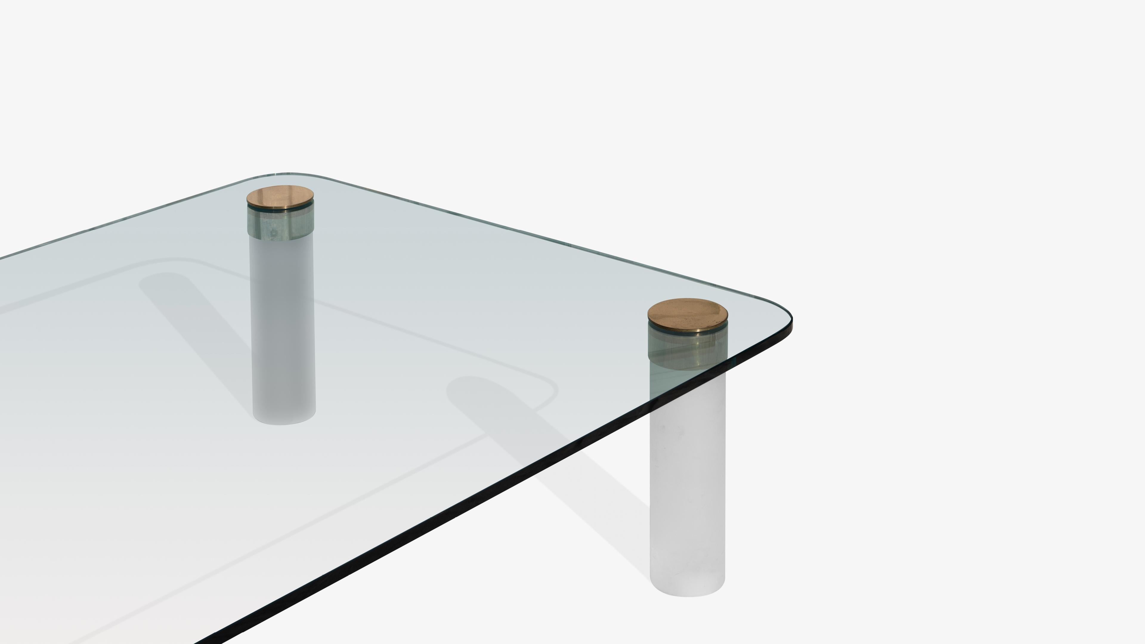 American Large Glass, Polished Brass and Frosted Lucite Cocktail Table by Pace Collection