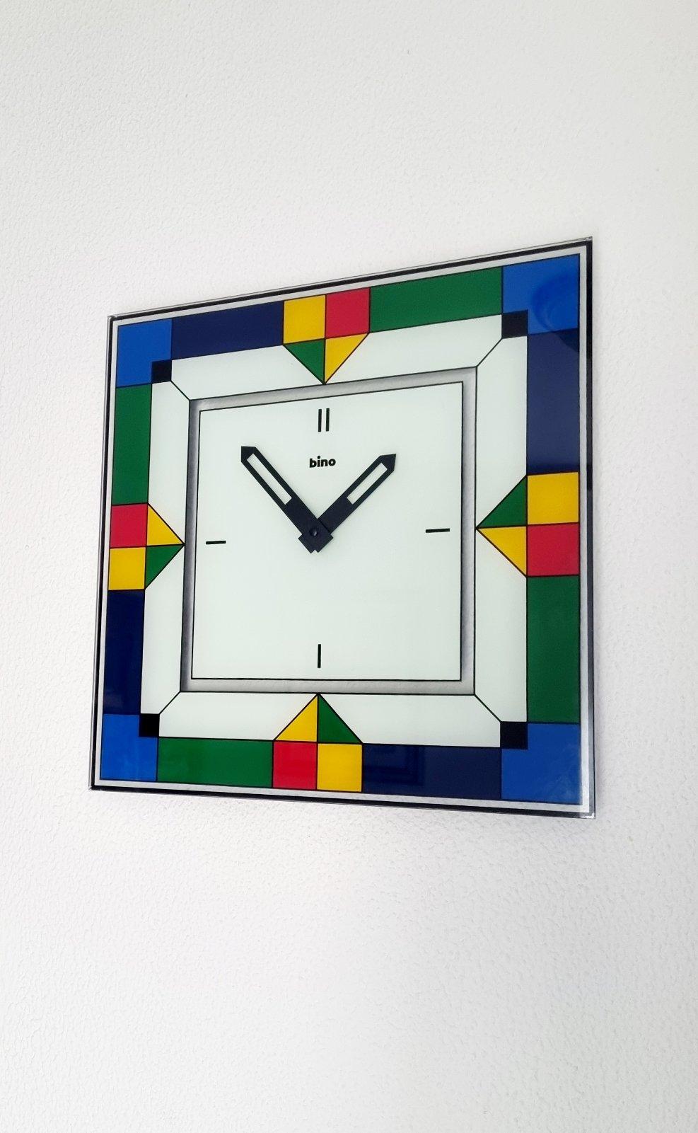 Gran Reloj de Pared Postmoderno Memphis Milano de Bino, Italia años 80 Vidrio en venta