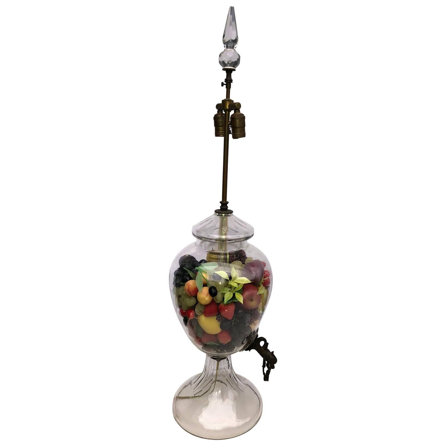 Large Glass Table Lamp from A Potpourri Or Samovar With Bronze Dolphin Hardware For Sale 1