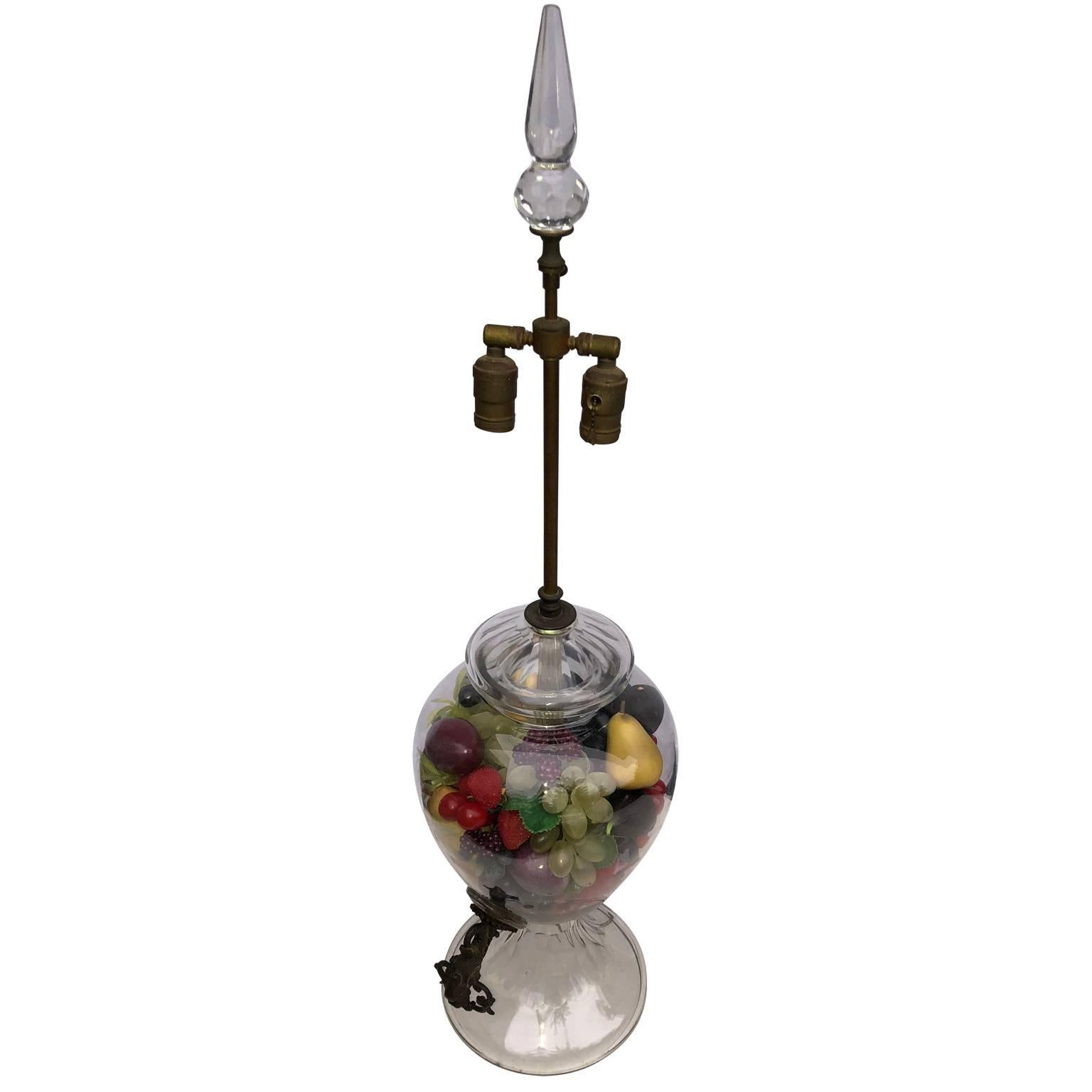 Hand-Crafted Large Glass Table Lamp from A Potpourri Or Samovar With Bronze Dolphin Hardware For Sale