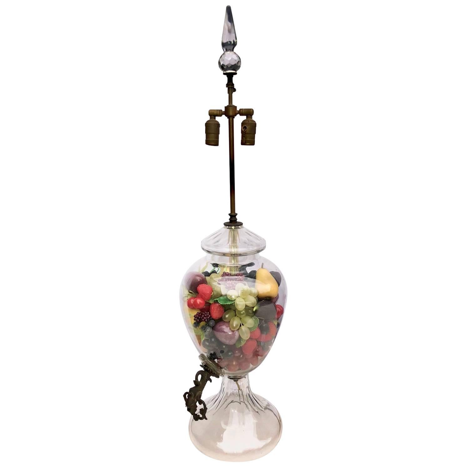 Large Glass Table Lamp from A Potpourri Or Samovar With Bronze Dolphin Hardware For Sale