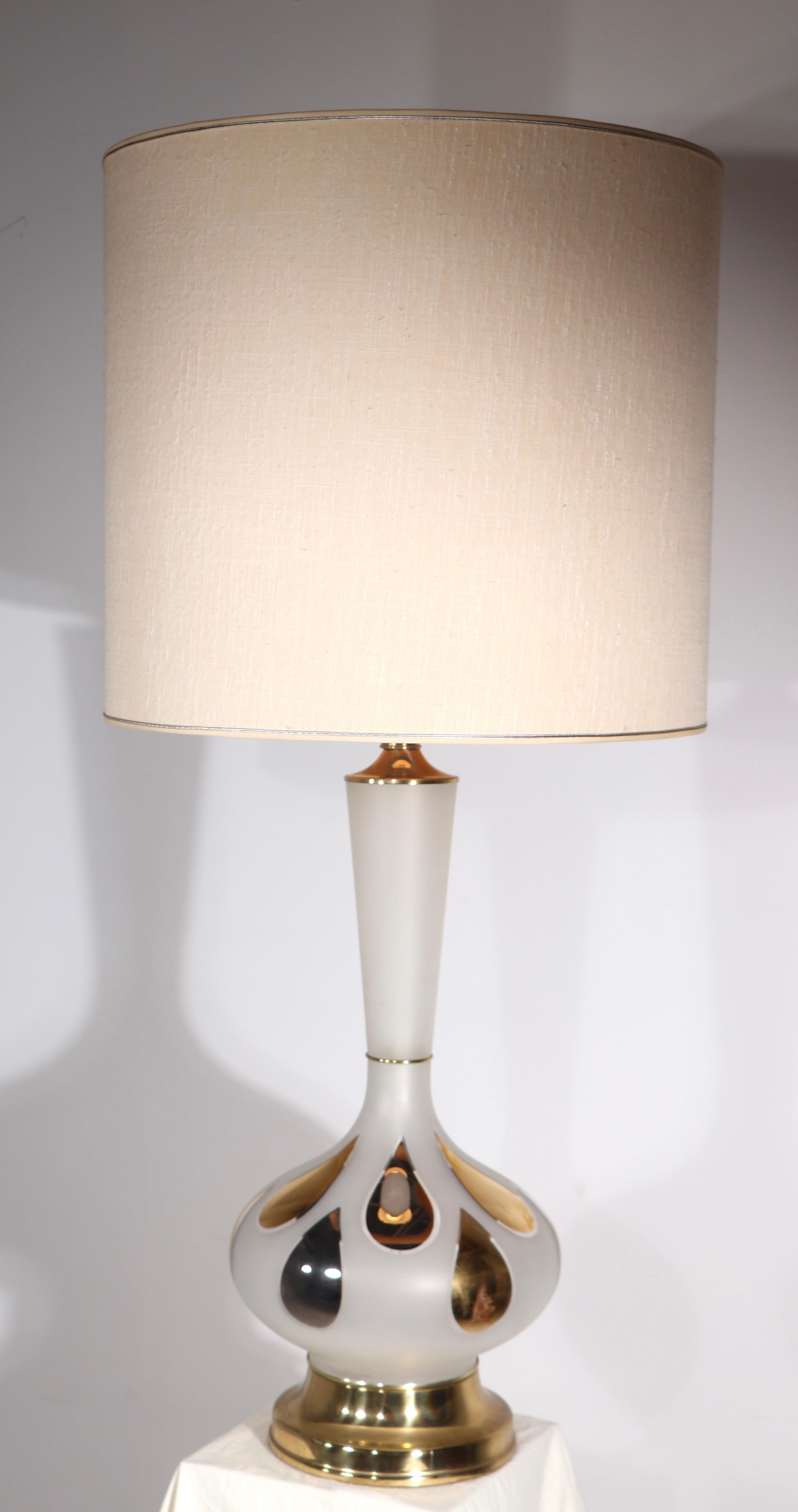 Brass Large Glass Table Lamp with Gold Leaf Drip Motif circa 1950-1960's For Sale