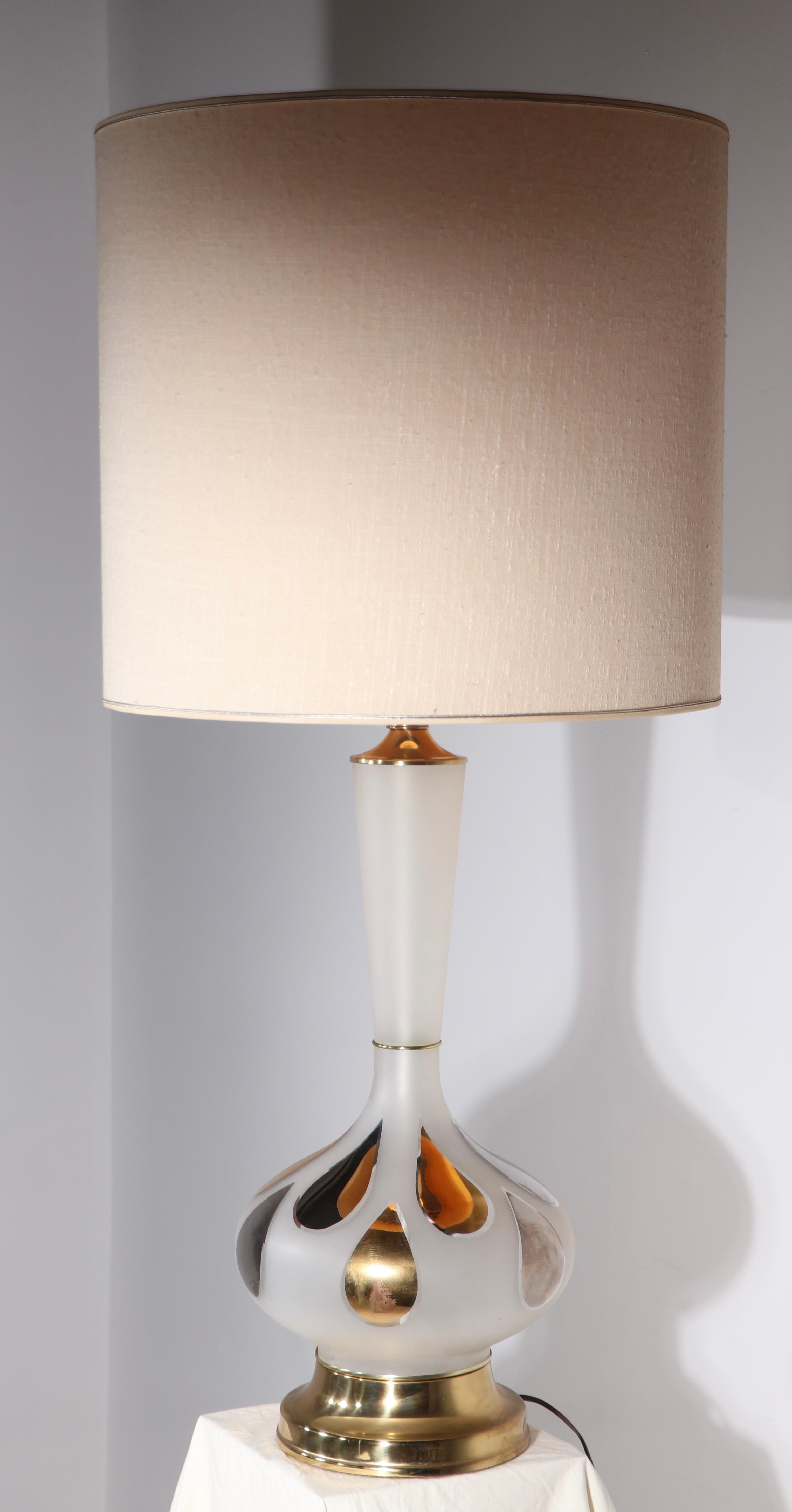 Hollywood Regency Large Glass Table Lamp with Gold Leaf Drip Motif circa 1950-1960's For Sale